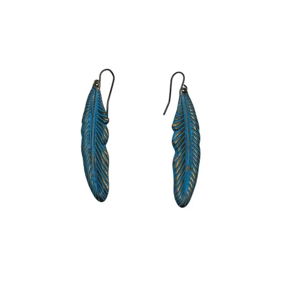 Blue Hand-Painted Brass Feather Earrings - Picture 1 of 8